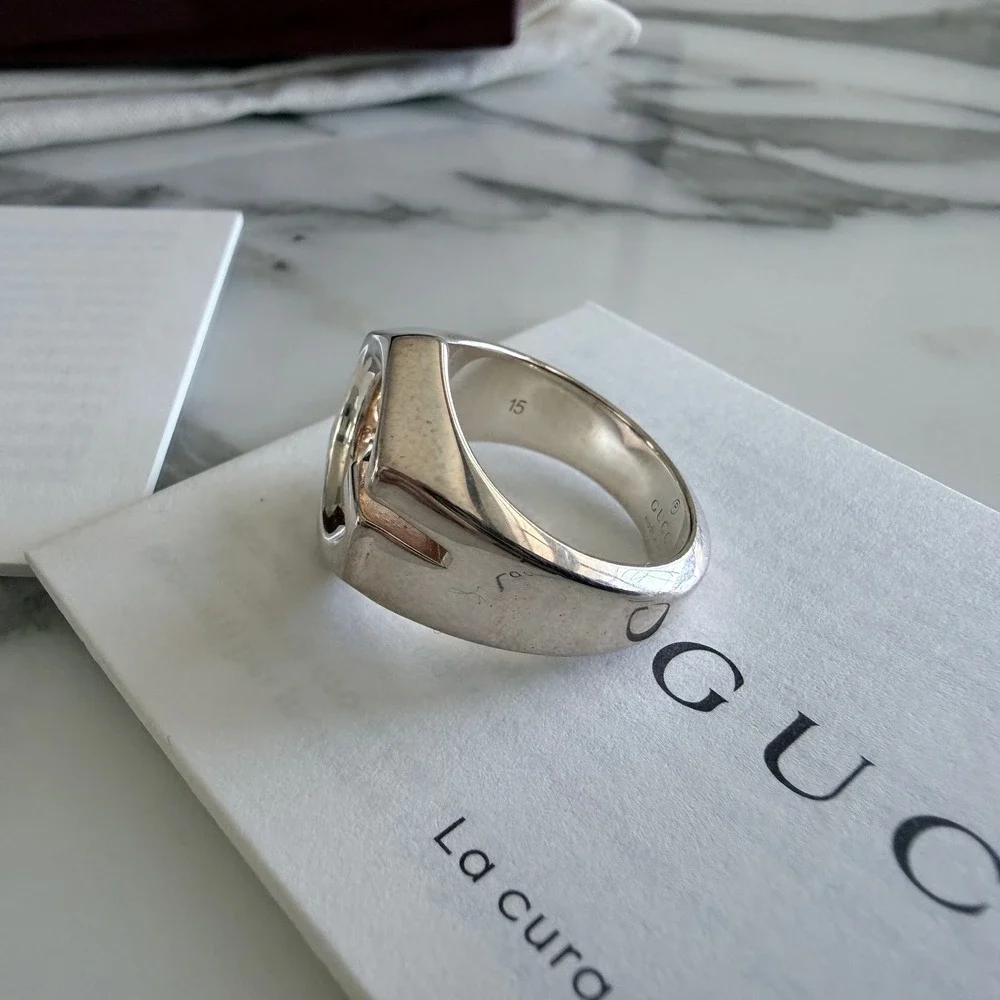 Gucci Sterling Silver Hexagon G Logo Ring Made in Italy Statement Band size 15